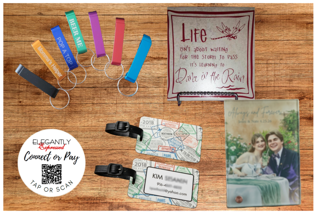 Personalized products, including glass picture, tile, engraved bottle openers, luggage tags